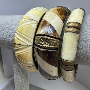 Lot of 3 Vintage Carved Bone/Horn & Brass Bangles | Retro Cuff Bracelets