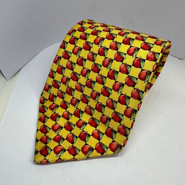 NEW! Charles Tyrwhitt Pure Silk Necktie | Yellow Check Pattern with Red Apples Necktie | Made in England