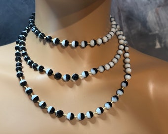 NEW! Vintage White & Black Faceted Glass Beads Long Necklace