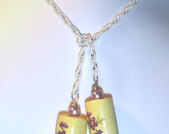 Rare Vintage 1960's Ceramic Tassel Necklace Floral Porcelain Bead Sautoir Lariat Faux Pearl Pastel