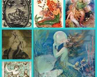 Mermaid Vintage Digital Ephemera Pack 120+ Antique Illustration Clip Art Collage Decoupage Print Sea Goddess Woman Nouveau Ocean Journal