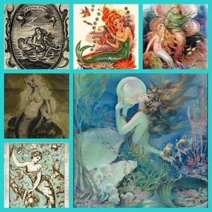 Mermaid Vintage Digital Ephemera Pack 120+ Antique Illustration Clip Art Collage Decoupage Print Sea Goddess Woman Nouveau Ocean Journal