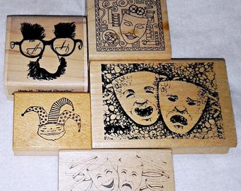 Choose Mask Jester Face Rubber Stamp Tragedy Comedy Theater Masks Groucho Marx Steampunk Collage