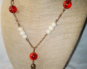 Vintage Tassel Necklace Y-Drop Brass Root Beer Cream Lucite Gold Plated MCM Mid Century