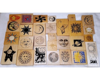 Choose Celestial Rubber Stamp Sun Moon Earth Star Planet Face Crescent Medieval Laurel Burch