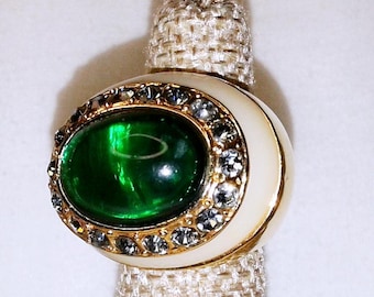 Vintage Domed Green Lucite Crystal Rhinestone Ring MCM Modernist Like KJL