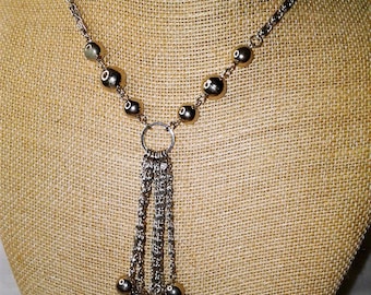 Vintage 1960's Tassel Necklace Y-Drop Silvertone Beaded MCM Modernist Chrome Plated