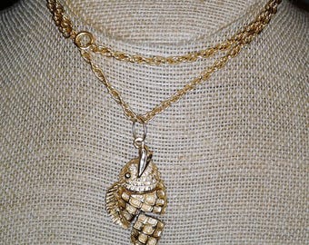 Vintage 1960's Fish Pendant Necklace Gold Plated Sculptural Articulated Dangles Moves
