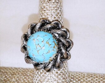 Vintage Large Turquoise Murano Art Glass Cocktail Ring Rope Shank MCM Statement Piece