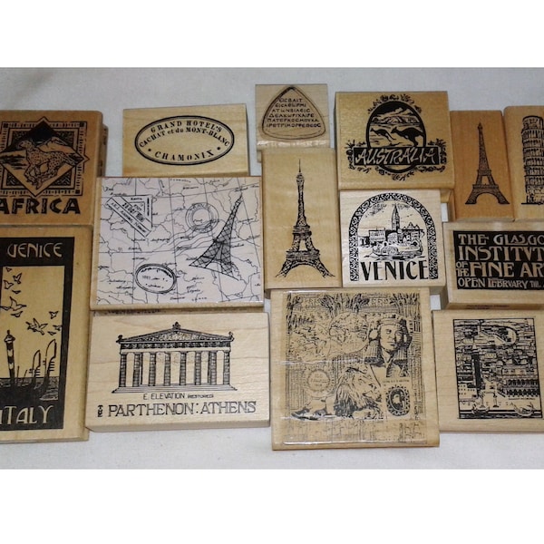Choose Small Travel Rubber Stamp Collage Australia Africa Venice Italy Eiffel Tower Paris France Pisa Greek Parthenon Athens Writing Map