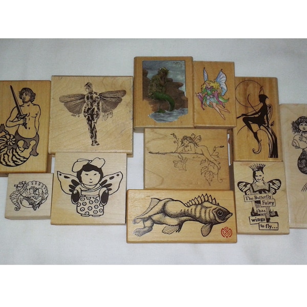 Choose Small Medium Fairy Mermaid Rubber Stamp Fantasy Creature Merman Pixie Little Girl Altered Art Collage Catslife Press Meer Image