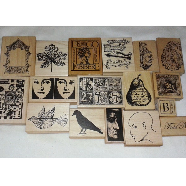 Choose Stampers Anonymous Small ATC Size Collage Rubber Stamp Tim Holtz Roman Man Woman Face Letter Arrow Raven Bird Number Game Pear Frame