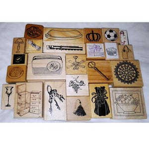 Vintage Rubber Stamp Lot Keys Radio Lamp Steamer Trunk Fruit Bowl Tag Newspaper Soccer Ball Grapes Lace Doily
