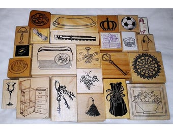 Vintage Rubber Stamp Lot Keys Radio Lamp Steamer Trunk Fruit Bowl Tag Newspaper Soccer Ball Grapes Lace Doily