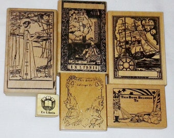 Choose Ex Libris Bookplate Rubber Stamp Book Belongs To Art Nouveau Woman Fairy Tale Castle Child Little Girl Sailing Ship Galleon Vintage