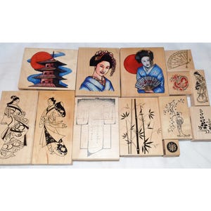 Lot Lg Asian Rubber Stamp Fan Kimono Dragon Geisha Woman Man Bamboo Seal Wisteria Temple Shrine Japan China Limited Edition Hanko Ichiyo Art