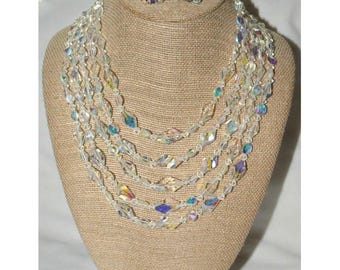 Vintage 1950's-60's Aurora Borealis Crystal Multistrand Necklace Earring Demi Set Parure