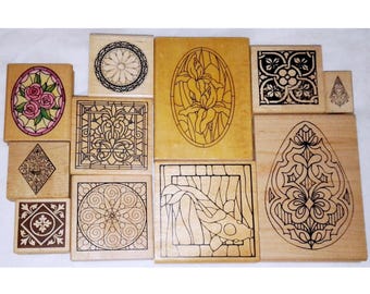 Lot Stained Glass Rubber Stamps Floral Medieval Koi Fish Easter Rose Renaissance Art Judikins