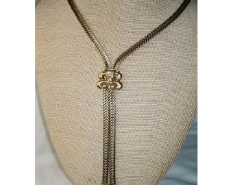 Vintage Signed Goldette Cameo Lariat Necklace Y-Drop Tassel Gold Plated Herringbone Chain Victorian Revival