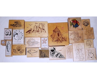 Lot Beach Rubber Stamps Nautical Ocean Seashell Sea Shells Sand Castle Marine Animals Hokusai Wave Inkadinkado Stampin Up Hero Arts PSX