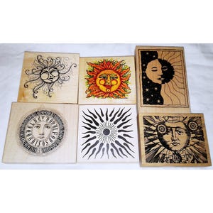 Choose Large Sun Rubber Stamp Celestial Face Sky Stars Collage Tribal Hippy Boho Aboriginal Astronomy Postmodern Design Toybox Enchanted Ink