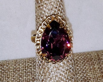 Vintage 1960's Purple Cocktail Ring Crystal Glass Gold Plated Brass Pear Cut Prong Set