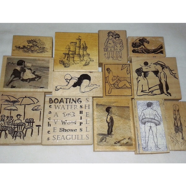 Choose Small Beach Theme Rubber Stamp People Scene Landscape Seashore Ocean Nautical Sand Castle Vintage Children Woman Diving Man Couple