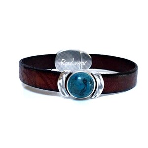 Brown engraved western style  10 mm leather cuff with natural blue onyx stone