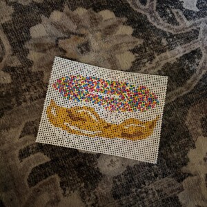 May include: A rectangular piece of white needlepoint canvas featuring a hand-stitched design. The top portion displays a donut shape covered in multicolored sprinkles, while the bottom portion shows a golden-brown fried pastry shape.