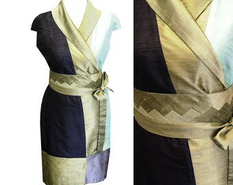 silk wrap dress in kimono style: black an white shantung wild