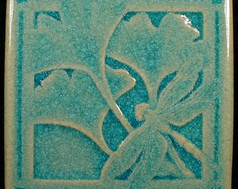 4x4 dragonfly tile, gingko leaf tiles, 4x4, art tile, kitchen backsplash tile, fireplace tile, bathroom tile, Summer Dreams glaze