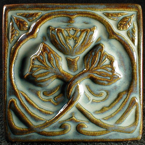 Art Nouveau Flower Tile, 6x6, backsplash tile, wall tiles, fireplace tile, art tile, decorative tile, ceramic sculpture, Cerulean Mist