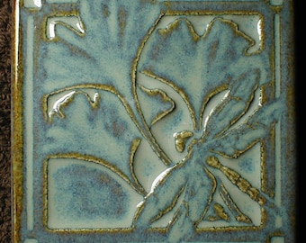 Gingko leaf tile with dragonfly, Blue tile, art tile, kitchen backsplash tile, fireplace tile, bathroom tile, Cerulean Mist glaze