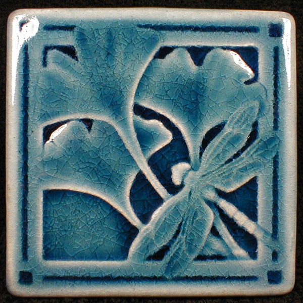 Ceramic tile with dragonfly, 4x4, Gingko leaves tiles, kitchen backsplash tile, fireplace tile, bathroom tile, Hawaiian Blue glaze