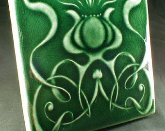 Art nouveau flower tile, 6x6 tiles, Wall tile, ceramic tile, wall tile, accent tile, backsplash tile, Conifer Green