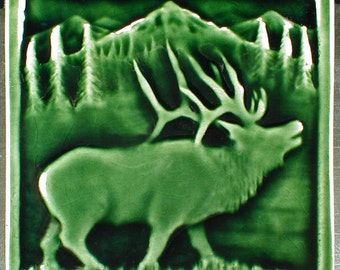 Elk tile, 6x6, Animal art, decorative tile, ceramic sculpture, art tile, accent tile, wall tile, green elk tile, Rainforest glaze