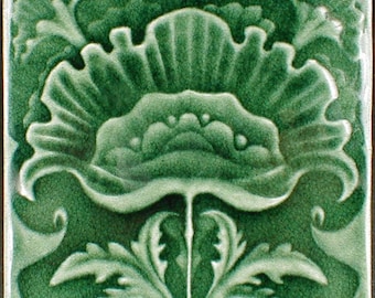 Art nouveau flower wall tile, 6x6 flower tile, ceramic tile, accent tile, backsplash tile, kitchen tile, Evergreen glaze