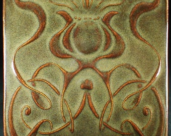 Art nouveau wall tile, flower tile, brown ceramic art tile, ceramic tile, accent tile, backsplash tile, kitchen tile, Buckeye glaze