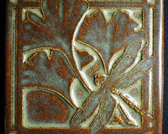 Gingko leaf and dragonfly art tile, 4x4, kitchen backsplash tile, fireplace tile, bathroom tile, Buckeye glaze