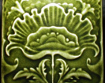 Art nouveau flower wall tile, 6x6 flower tile, green ceramic tile, accent tile, backsplash tile, kitchen tile, Elizabethan Green