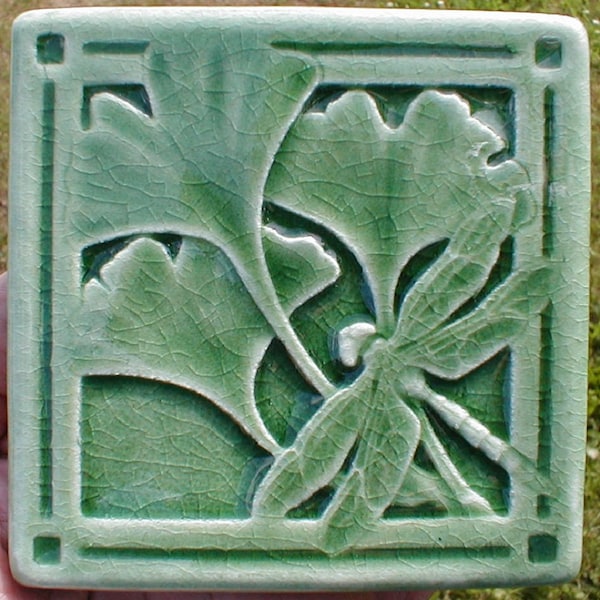 Gingko leaf tile with dragonfly, green crackle glaze, art tile, kitchen backsplash tile, fireplace tile, bathroom tile, Celadon Green glaze