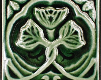 Flower tile, 6 x 6 tile, relief tile, art tile, arts and crafts tile, green tiles, wall tiles, kitchen tile, fireplace tile, Evergreen glaze