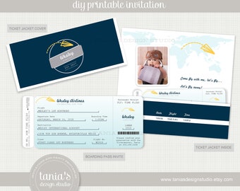 Paper Plane Time Flies Airline Ticket Birthday Invitation by tania's design studio