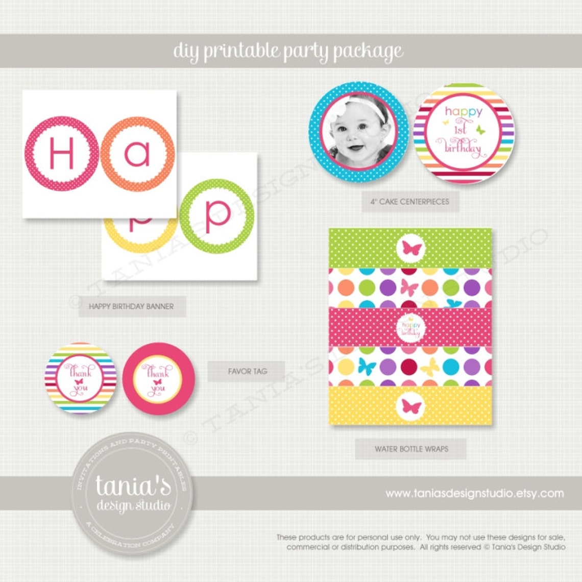 Butterfly Kisses Brights Printable Birthday Party Package by Etsy