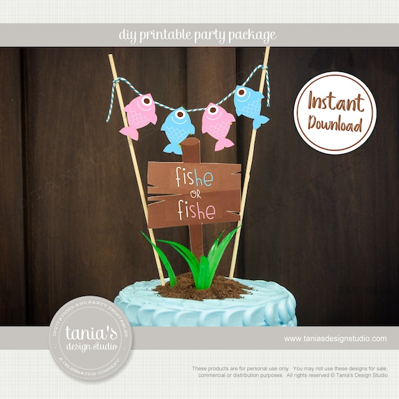 Gone Fishing - Gender Reveal - FisHE or FiSHE - Baby Shower Cake Topper -  Instant Download - by Tania's Design Studio