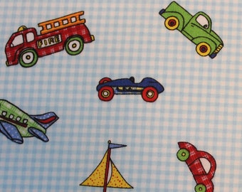 Envelope Style Pack n Play Sheet - Vehicles on blue gingham