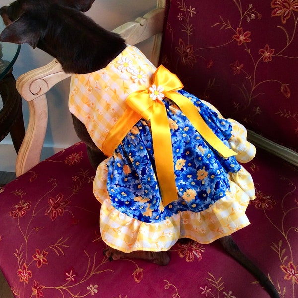 Blue Daisy and Yellow Checked Adorable Dog Dress  Custom Made for Dogs and Puppies Size XS,S,M