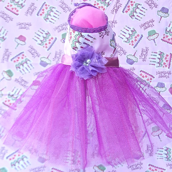 Happy Birthday Pink and Lavender Custom made Dog Tutu Dress for Dogs and Puppies with  Violet Lace Flower XS-XL