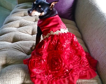 Scarlett O'Hara  Red Satin Custom Made and Sized Dog Dress with 3D Rosettes for Dogs XS-L and Puppies