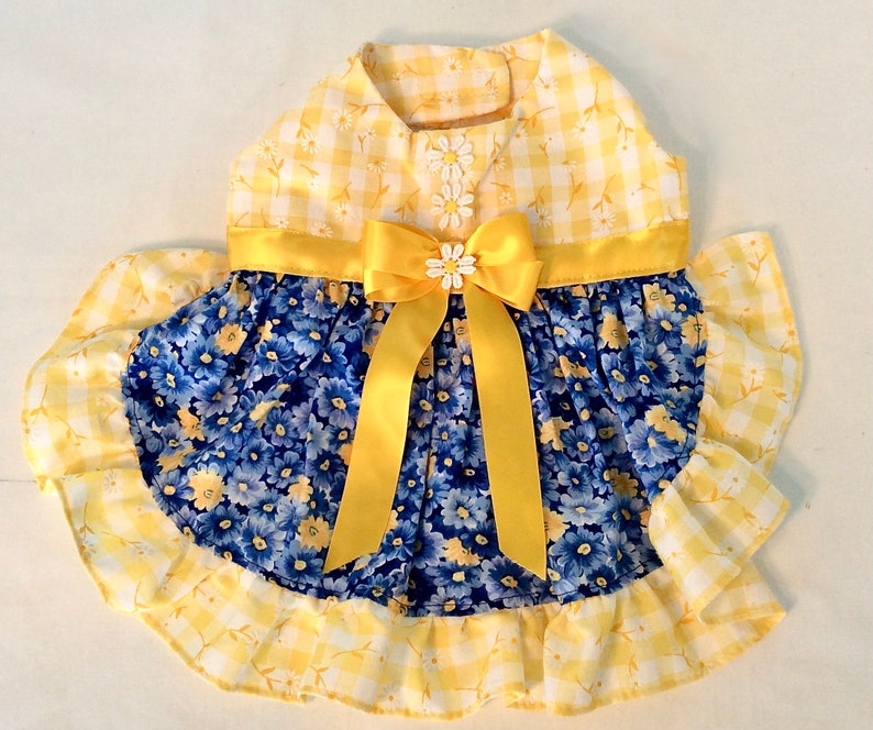 Blue Daisy and Yellow Checked Adorable Dog Dress  Custom Made fo